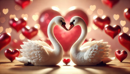 Two white swans kissing against hearts background , lovers, valentine, kissの写真素材