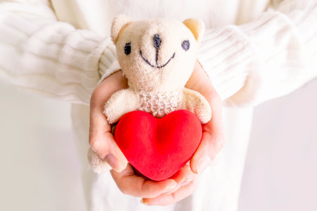 cute background for a greeting card from a homemade teddy bear with a heart in the hands of a person, in light colors, selective focus.Hands hold the toy with heart. Congratulation, marriage proposalの写真素材