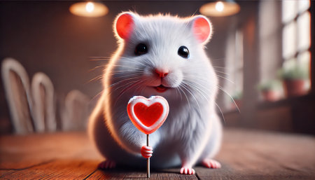 A funny hamster holds out sweet sugar heart on a stick to the camera, symbol of love, valentine, declaration of love, proposal, humorの写真素材