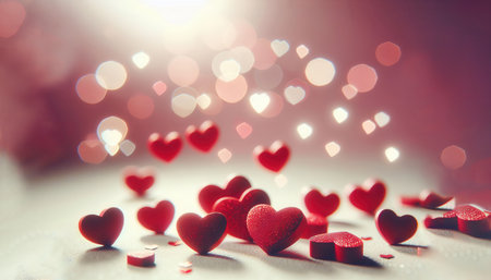 Festive background with hearts, bokeh lights, glitter effect in pastel halftones of pink, red and...