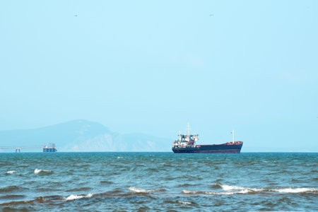 A cargo ship sails on a calm sea on the horizon, taken from a coastal viewpoint.の写真素材