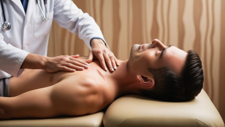 Doctor's hands on the chest of a male patient performing therapeutic massage in a clinical setting. Doctor performing a medical examination. health checkの写真素材