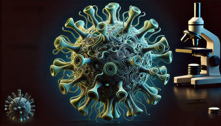 Particle of the virion of human influenza metapneumovirus (HMPV) respiratory tract infection. Study of a new dangerous disease under the microscope, virologyの写真素材