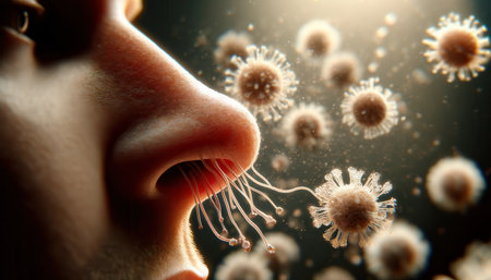 Human nose with viruses flying around in the air. Transmission and infection of airborne viruses....