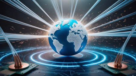 A digital representation of global communication with fiber optic cables connected to the Earth...