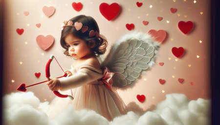 little Cupid in cupid costume shoots hearts from bow on pastel background with bokeh and clouds. congratulations to lovers on valentine's dayの写真素材
