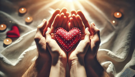 Open palms of a man and a woman holding a red homemade fabric heart embroidered with white threads on a light background in the sun with glare bokehの写真素材