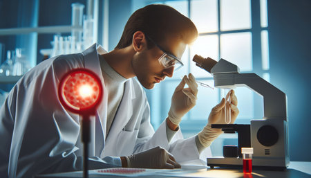 scientist in the laboratory in protective suits hold a test tube with a vaccine. Research of...
