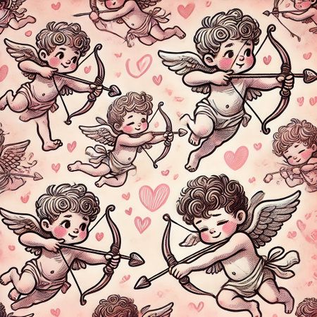 pattern of several hand-drawn angel babies Cupids shoot with bow and arrow at hearts. Congratulations to lovers on Valentine's Day. Children's wallpaper, gift wrappingの写真素材