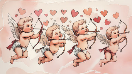 pattern of several hand-drawn angel babies Cupids shoot with bow and arrow at hearts. Congratulations to lovers on Valentine's Day. Children's wallpaper, gift wrappingの写真素材