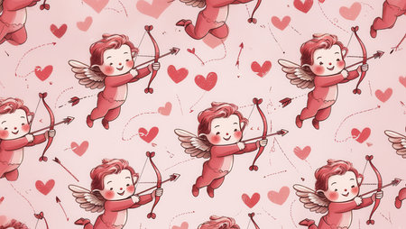 pattern of several hand-drawn angel babies Cupids shoot with bow and arrow at hearts....
