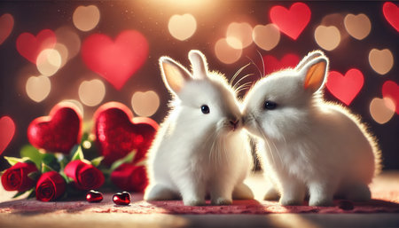 Two cute white rabbits kissing against hearts background, lovers, valentine, kiss.の写真素材