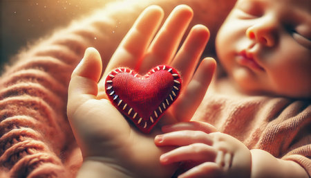 Mother's hand extends a small embroidered heart to a sleeping baby against the background of glowing lights. Concept of love, care, mother's dayの写真素材