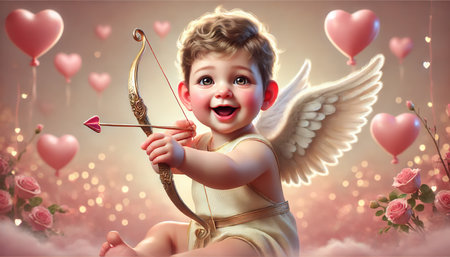 Child angel in cupid costume shoots bow and arrow at hearts on pastel background with bokeh and clouds. Greeting card for lovers. Valentine's day. Valentine. Holiday marketingの写真素材