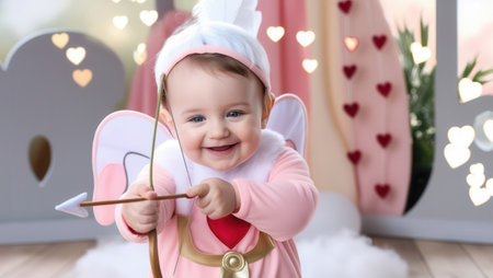 Child angel in cupid costume shoots bow and arrow at hearts on pastel background with bokeh and clouds. Greeting card for lovers. Valentine's day. Valentine. Holiday marketingの写真素材