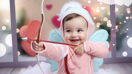 Child angel in cupid costume shoots bow and arrow at hearts on pastel background with bokeh and clouds. Greeting card for lovers. Valentine's day. Valentine. Holiday marketingの写真素材