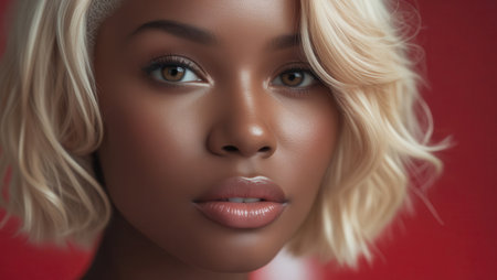 Attractive mixed race girl with short white hair - trendy keative haircut. For advertising, billboards or social media use. Commercial advertising concept art.の写真素材