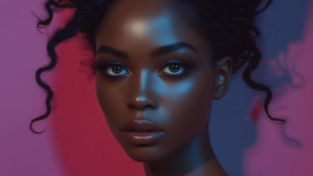 Attractive african girl with long curly hair up - creative style. For advertising, billboards or social media use. Commercial advertising concept art. African model. Colored dark-skinned girlの写真素材