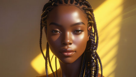 Attractive african girl with dreadlocks african braids - creative hairstyle. For advertising, billboards or social media use. Commercial advertising concept art. African model. Colored dark-skinned girlの写真素材