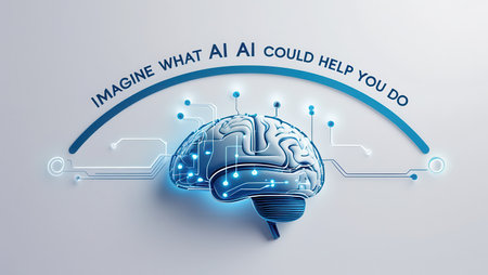 Conceptual poster of a digital brain with glowing circuits next to the text Imagine that AI can help...
