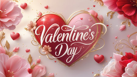 Valentine's Day greeting card with a heart surrounded by pink and red flowers. Festive valentine card design for social media useの写真素材