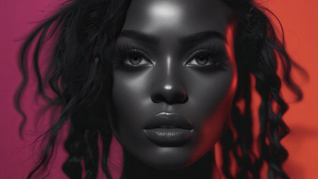 African women with long curly hair up - creative style a monochrome laconic style. For advertising, billboards or social media use. Commercial advertising concept art. African model.の写真素材