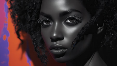 African women with long curly hair up - creative style a monochrome laconic style. For advertising, billboards or social media use. Commercial advertising concept art. African model.の写真素材