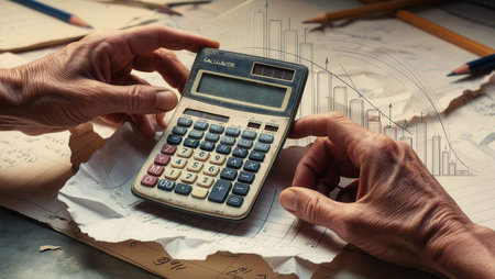Hands holding a calculator on a table with crumpled papers, charts. Financialの写真素材