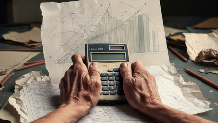 Hands holding a calculator on a table with crumpled papers, charts. Financialの写真素材