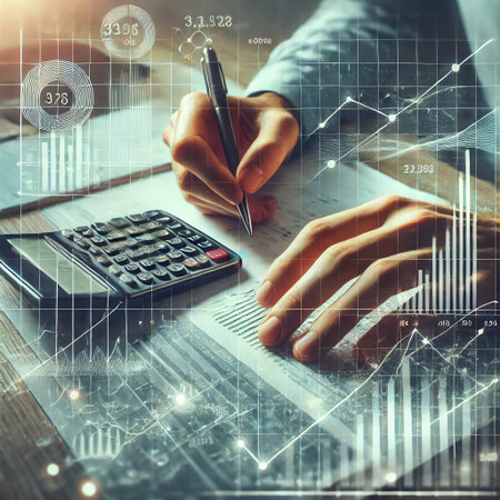 Two hands holding a calculator on a table littered with crumpled papers and charts. Financial calculation, planning, analytics of payments and expenses in business and householdの写真素材