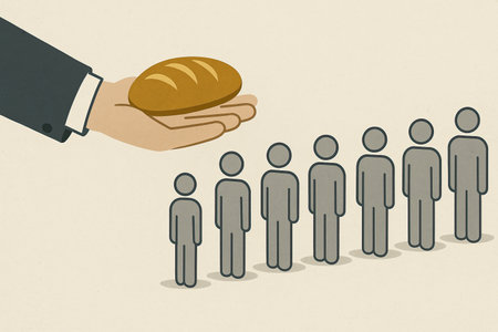 Sketches of people standing next to a suited hand holding a serving loaf of bread, inequality...