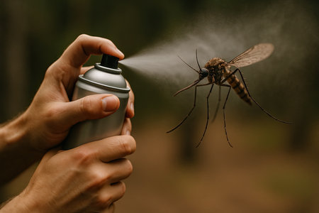 Man spraying insect repellent from a spray can mosquito. Prevent insect bites. Protect against infection. Reduces mosquito-borne diseases.の写真素材
