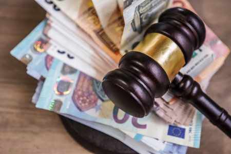The judge's gavel crushes stacks of euro banknotes. fine, confiscation of money, corruption,...