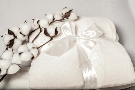 A presentation for the sale of a fluffy blanket with a layout for a caption, with a gift ribbon. A warm blanket for the interiorの写真素材