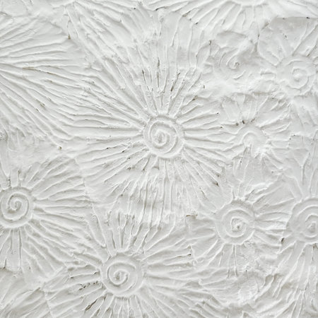 Close-up of textured plaster with abstract relief in Color of the Year 2026, CLOUD DANCER 11-42011, pantone. minimalist interior styleの素材