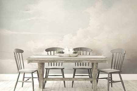 Dining room with a wooden table, chairs, and soft cloud photo wallpaper in a calm, minimalist style in Color of the Year 2026, CLOUD DANCER 11-42011, pantoneの素材