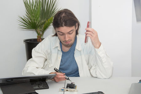 A technician repairs computer equipment using electronic components and tools. Electronics, hardware, workplaceの写真素材