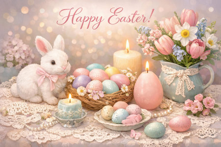 Easter greeting card with a beautifully decorated table with Easter eggs