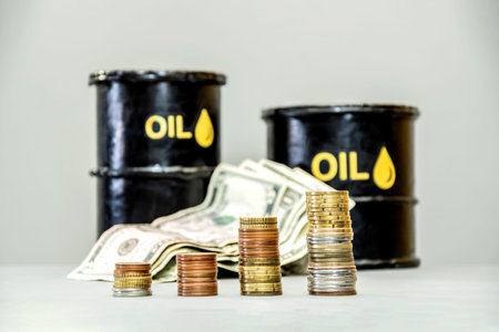 Oil barrels, dollar bills, and growing stacks of coins. Rising prices for petroleum products. The...