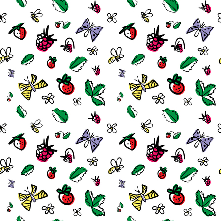 Vector seamless pattern with berries,butterflies, bees, flowers and leaves on a white background. Excellent for the design of children's products. Hand drawnのイラスト素材