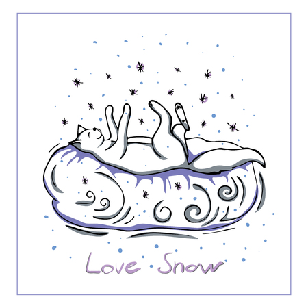 vector illustration with a cute cat that lies on a cloud and plays with falling snowflakes,in gentle pastel colors.Hand drawn, great for printing or textile designのイラスト素材