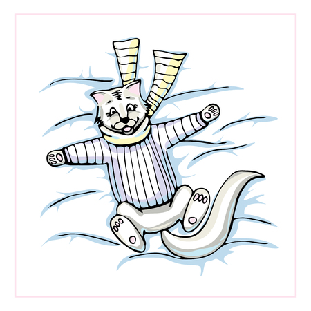 vector illustration with a cute cat in a scarf and sweater wallowing in the snow and falling snowflakes in gentle pastel colors.Hand drawn, great for printing or textile designのイラスト素材
