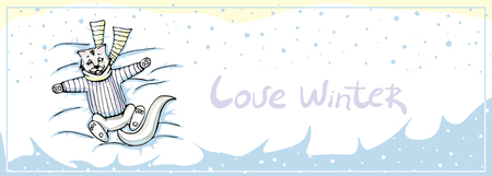 vector template  with a cute cat in a scarf and sweater wallowing in the snow and falling snowflakes in gentle pastel colors.Hand drawnのイラスト素材