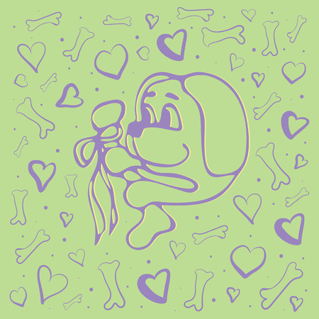 Vector concept with cute dog, bones and hearts, on a green background,with purple and yellow elements. Great for printing and textile design.Hand drawnのイラスト素材