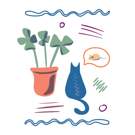 Vector concept  with cute cat,mouse and flowers  in soft colors on a white background, great for printing or textile design.Flat,hand drawnのイラスト素材