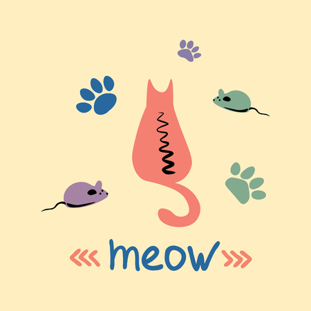 Vector concept  with cute cat and mouse  in soft colors on a yellow background, great for printing or textile design.Flat,hand drawnのイラスト素材