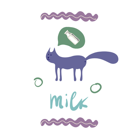 Vector concept  with cute cat and milk bottle  in soft colors on a white background, great for printing or textile design.Flat,hand drawnのイラスト素材