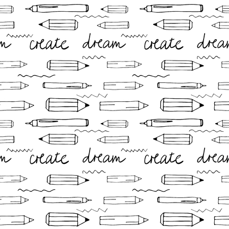 Vector seamless pattern with different pencils and lettering,  in black color on a white background, great for printing or textile design.Hand drawn,sketchのイラスト素材