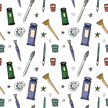 Vector seamless pattern with different drawing tools,  in bright colors on a white background, great for printing or textile design.Hand drawn,sketchのイラスト素材