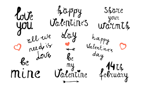 Valentine's day vector lettering set in  black color on a white background. Great for gift tags and greeting cardsのイラスト素材
